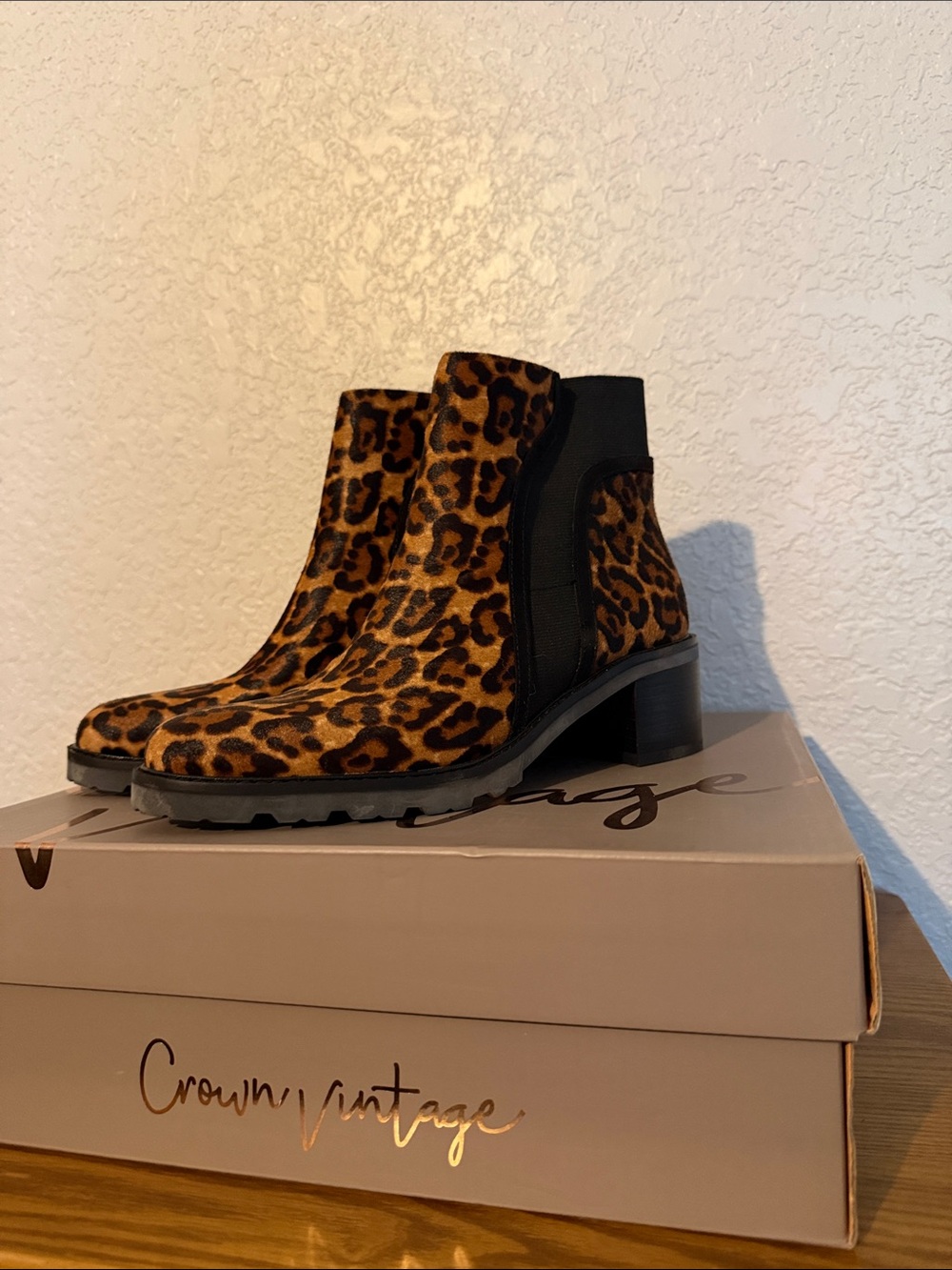 Crown Vintage Leopard Print Chelsea Booties in Brown and Black